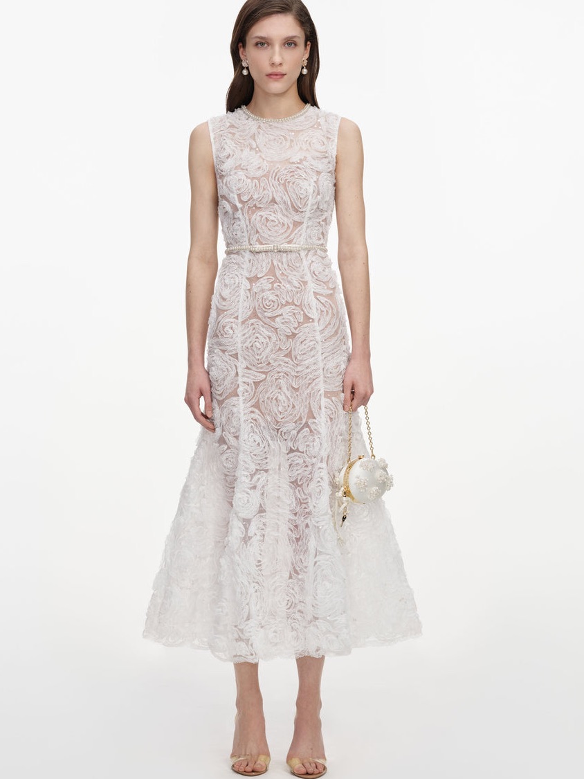 Nwot Self-Portrait White Tulle Lace Midi Dress